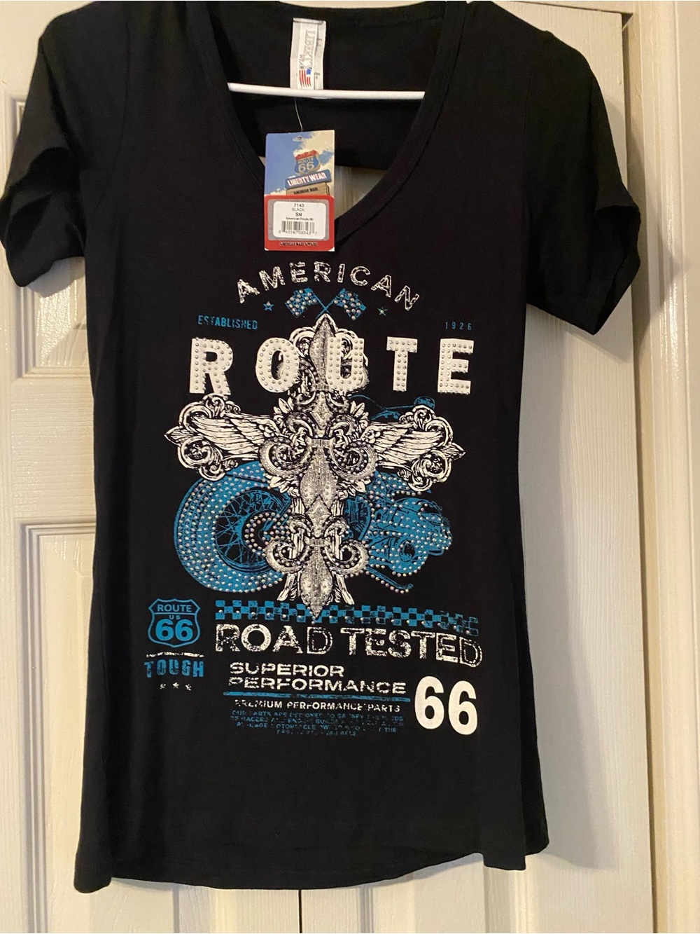 NWT Black V‑Neck Route 66 Graphic Tee with rhinestones